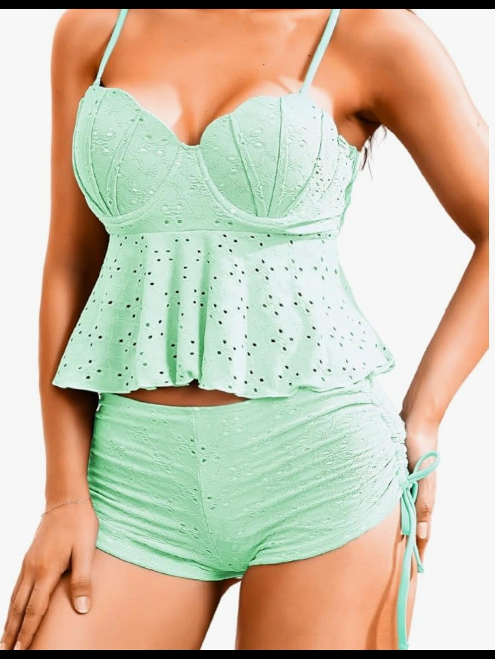 Mint Eyelet Peplum Tankini Top and High-Waist Swim Short Set